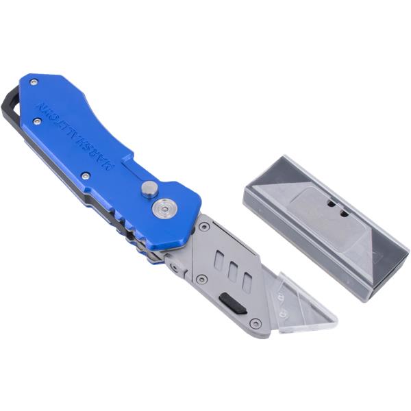 Folding utility knife by MARSHALLTOWN with replacement blades visible