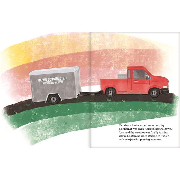 Illustration of a red truck with a Marshall Construction trailer.