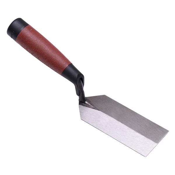 Angled view of a MARSHALLTOWN margin trowel with a wooden handle