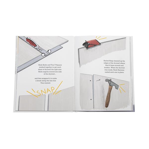 Illustrated book spread featuring MARSHALLTOWN drywall tools in use