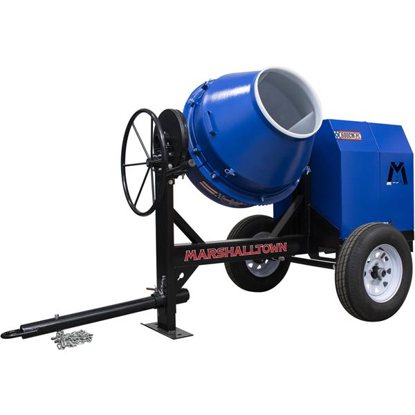 Side view of a MARSHALLTOWN concrete mixer with wheels