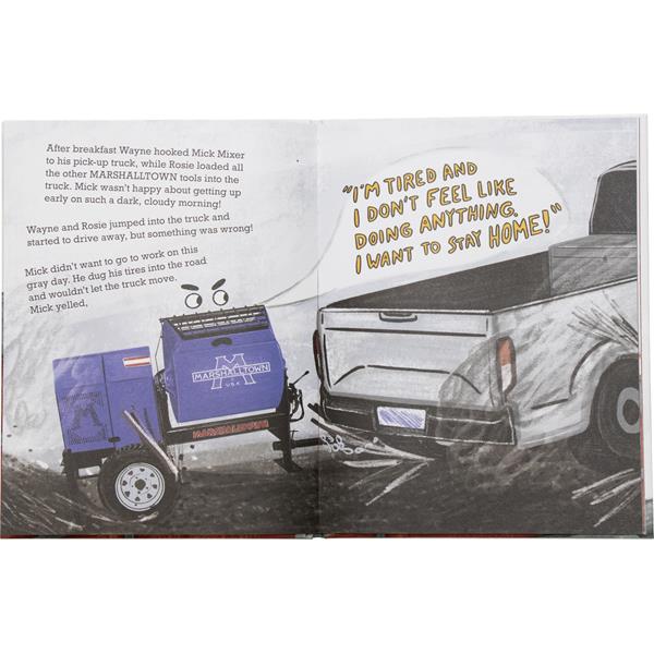 Children's book page featuring MARSHALLTOWN brand story about a brick mixer.