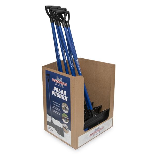 Box of MARSHALLTOWN Polar Pusher™ shovels on display