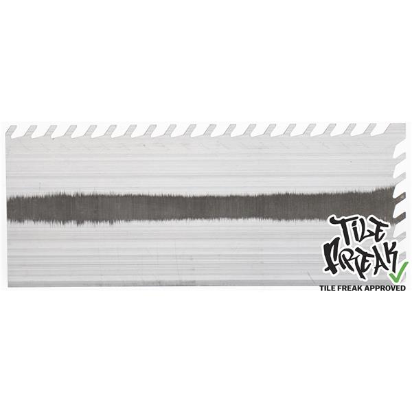 MARSHALLTOWN LayFlat™ Notched Trowel profile with Tile Freak branding