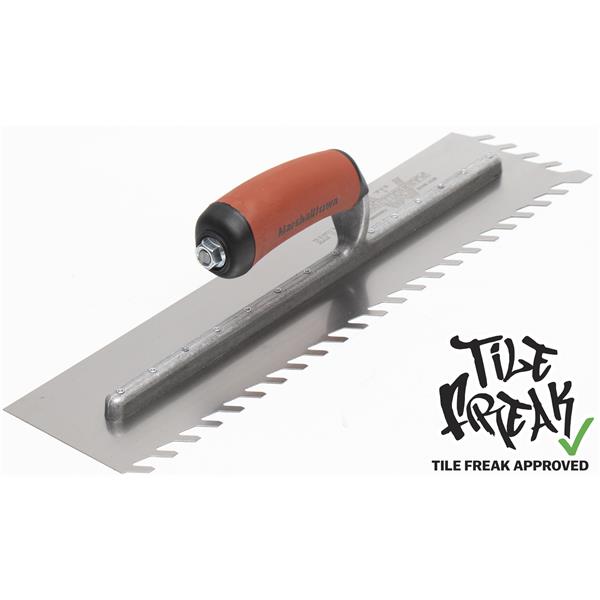 MARSHALLTOWN LayFlat™ notched trowel side view, Tile Freak approved