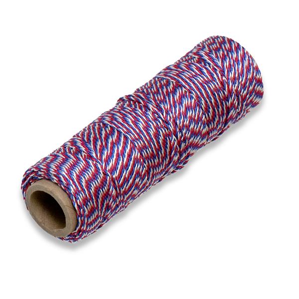 Red, white, and blue multi-purpose twine on a roll.