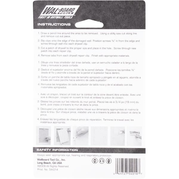 Back view of WAL-BOARD TOOLS drywall repair clips packaging showing instructions and safety information