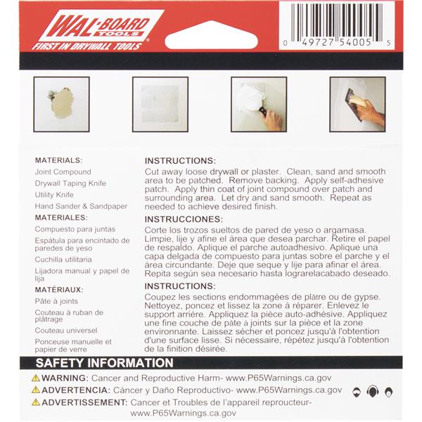 Back packaging of WAL-BOARD TOOLS drywall patches instructions.