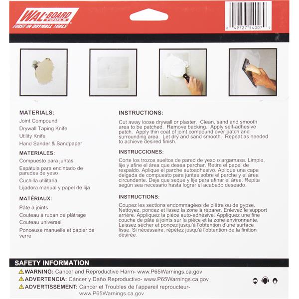WAL-BOARD TOOLS drywall patches with safety information and instructions
