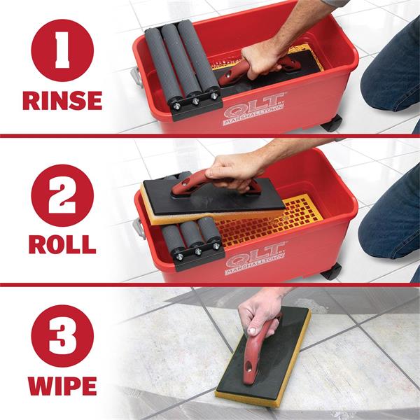 MARSHALLTOWN QLT grout system demonstration with rinse, roll, and wipe steps