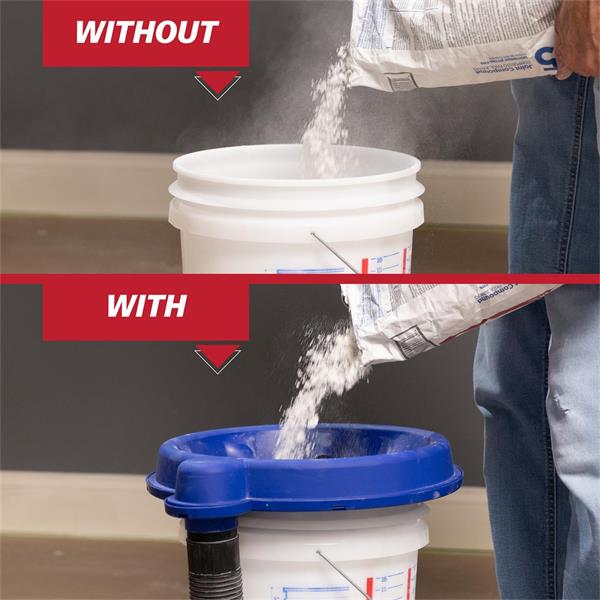 User pouring mix into a bucket with and without DustPro, showing the DustPro's ability to capture harmful dust.