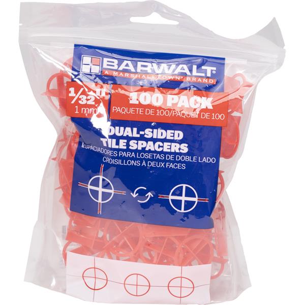 Front of a 100 pack of spacers, clear bag with white product info framed in orange.