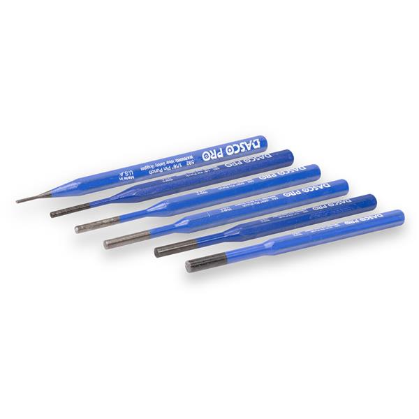 DASCO PRO 6 Piece Pin Punch Kit with blue handles and varying sizes.