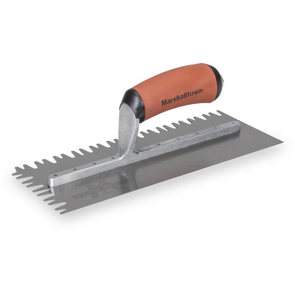 Marshalltown notched trowel with rubber handle and stainless steel blade.