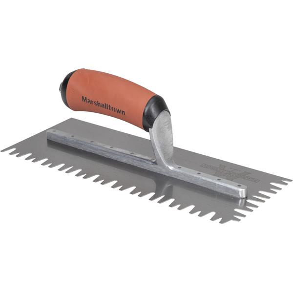 Marshalltown trowel with a serrated stainless steel blade and a rubber grip handle.