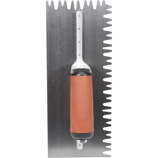 Trowel with serrated edge and rubber handle for precise application in masonry or construction projects.